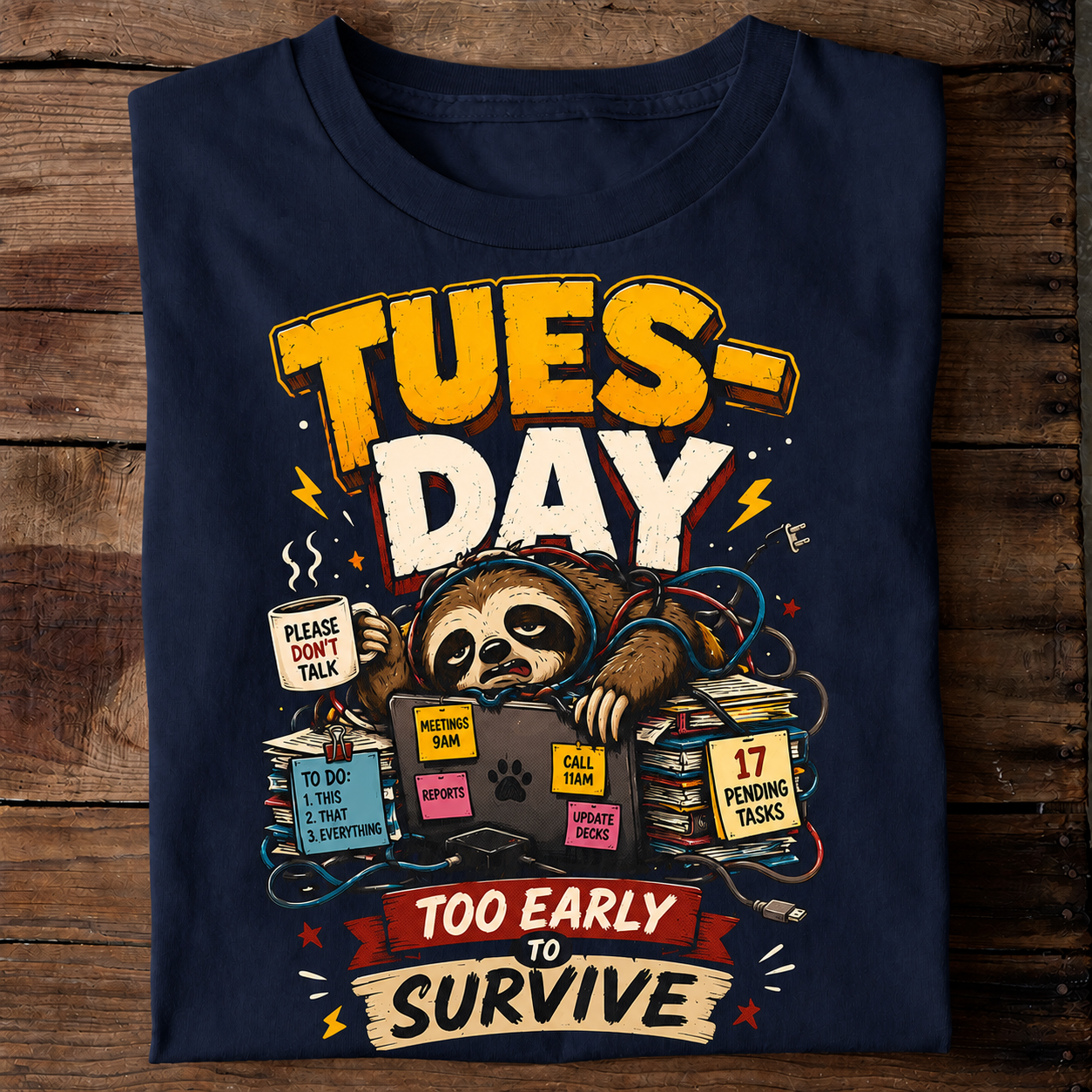 Tuesday Too Early to Survive Funny Sloth T-Shirt