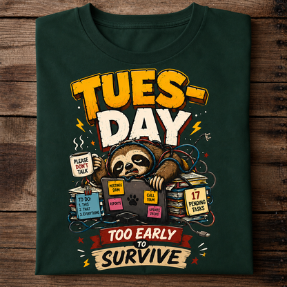 Tuesday Too Early to Survive Funny Sloth T-Shirt