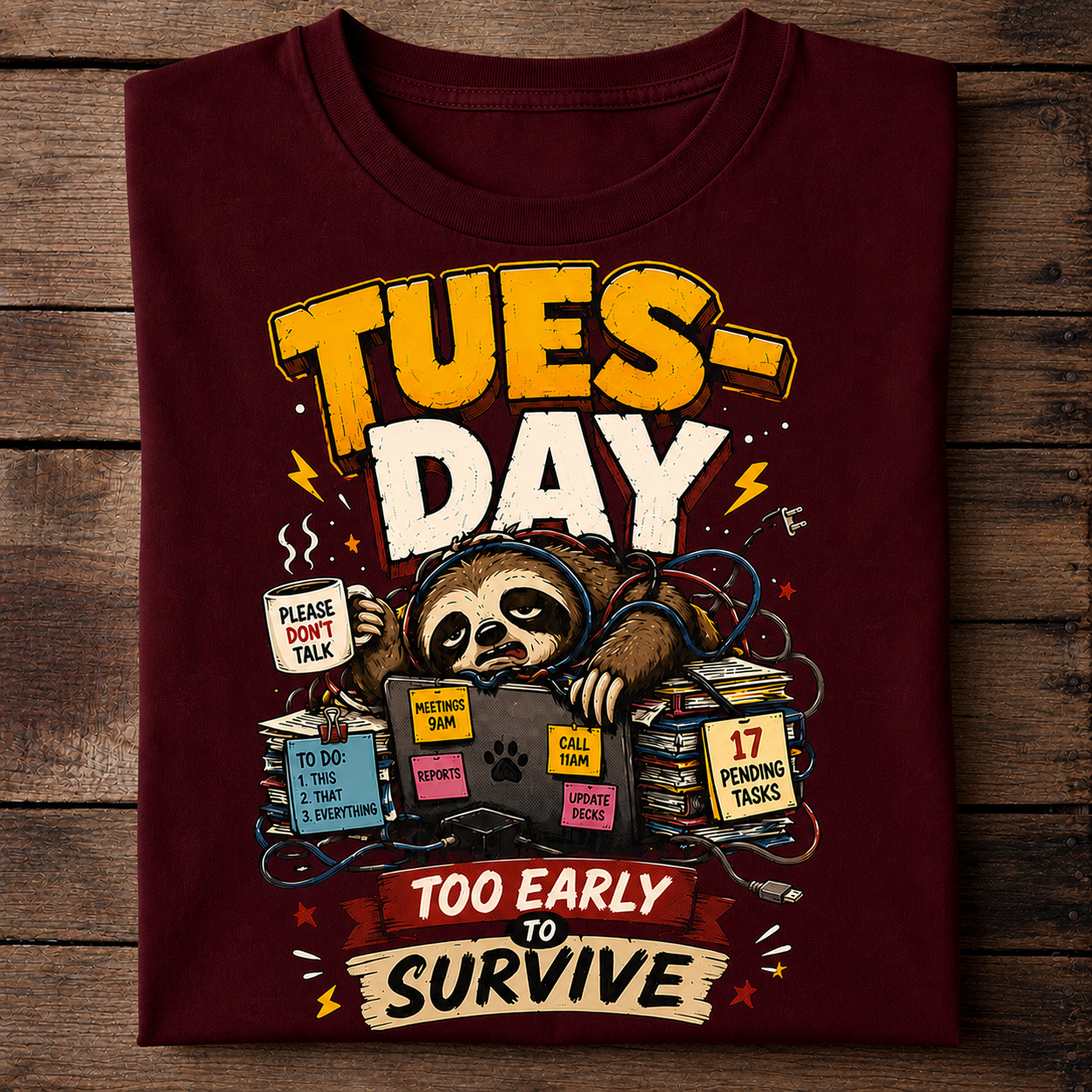 Tuesday Too Early to Survive Funny Sloth T-Shirt