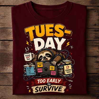 Tuesday Too Early to Survive Funny Sloth T-Shirt