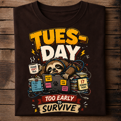 Tuesday Too Early to Survive Funny Sloth T-Shirt