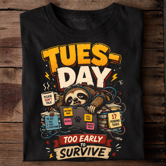 Tuesday Too Early to Survive Funny Sloth T-Shirt