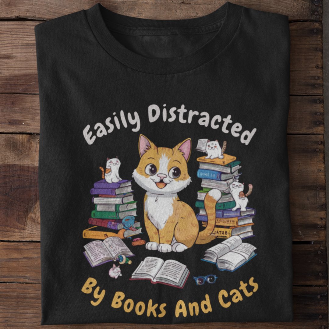 Distracted Reader - Books and Cats T-Shirt - TranquilTrendz